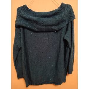 Chico's Size 2 Acrylic Sweater Ocean Blue Sparkles Cowl Neck Large Off Shoulder